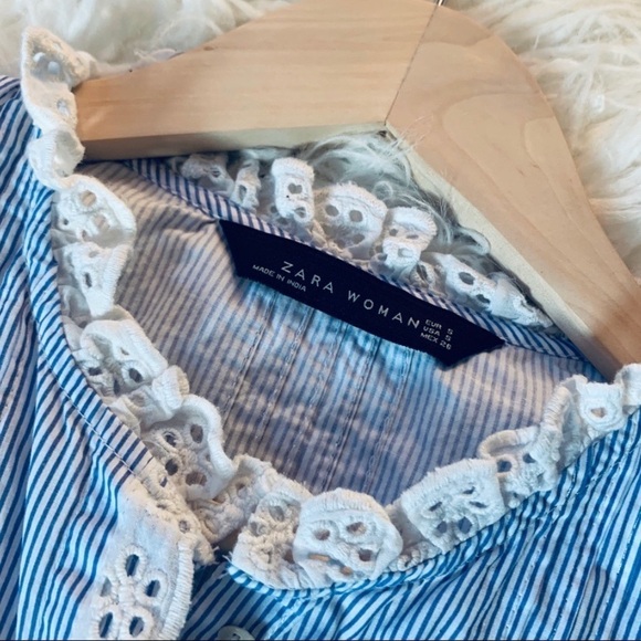 ZARA WOMEN button up blue pinstripe blouse white lace trim size small - Picture 8 of 8